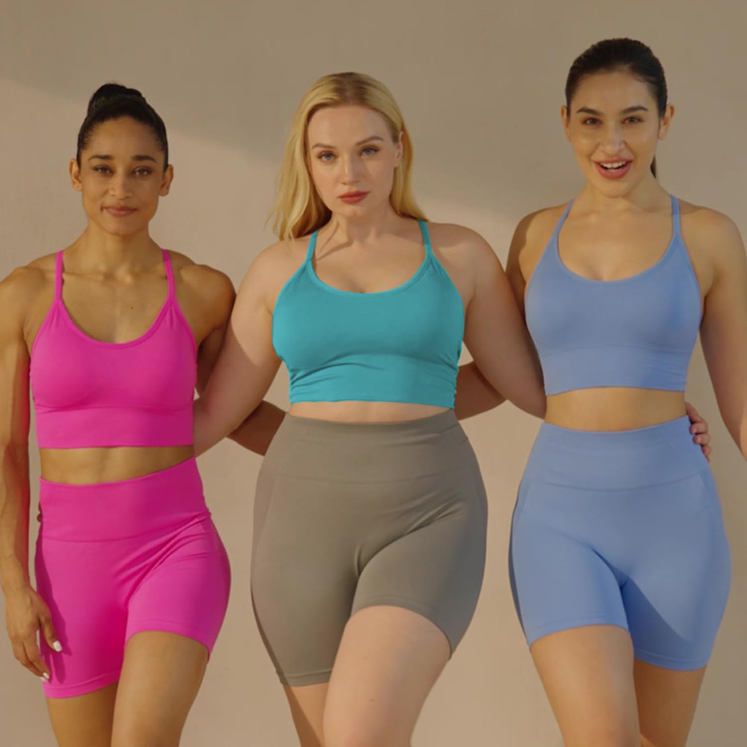 Evercute Damski biustonosz sportowy Sin Costuras, nieprzezroczysty, Czarny szary niebieski gorący różowy paw niebieski 5-pak, XL