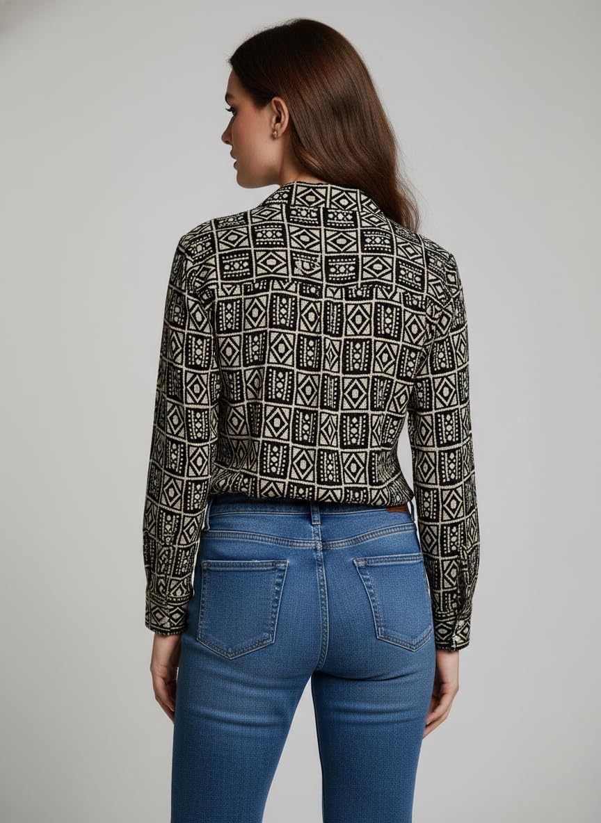 ANNI Designer Bedrucktes Damenhemd aus Baumwollmischgewebe, langärmelig, normale Passform, Hemdkragen, legere Bürokleidung, elegante Western-Kleidung für den Alltag, Hochzeit, Party