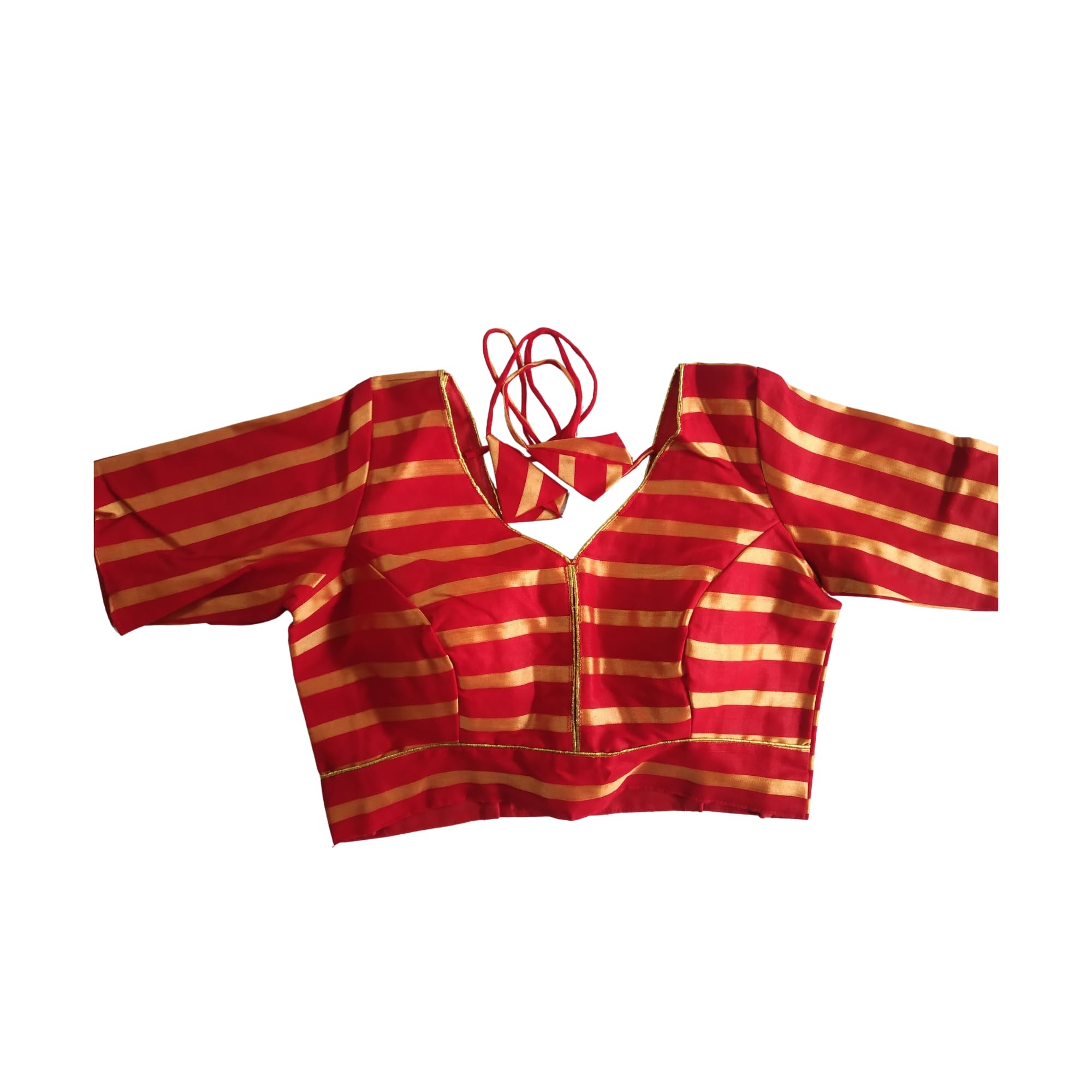 Red and Gold Striped Readymade Saree Blouse, Silk-Blend-image-9
