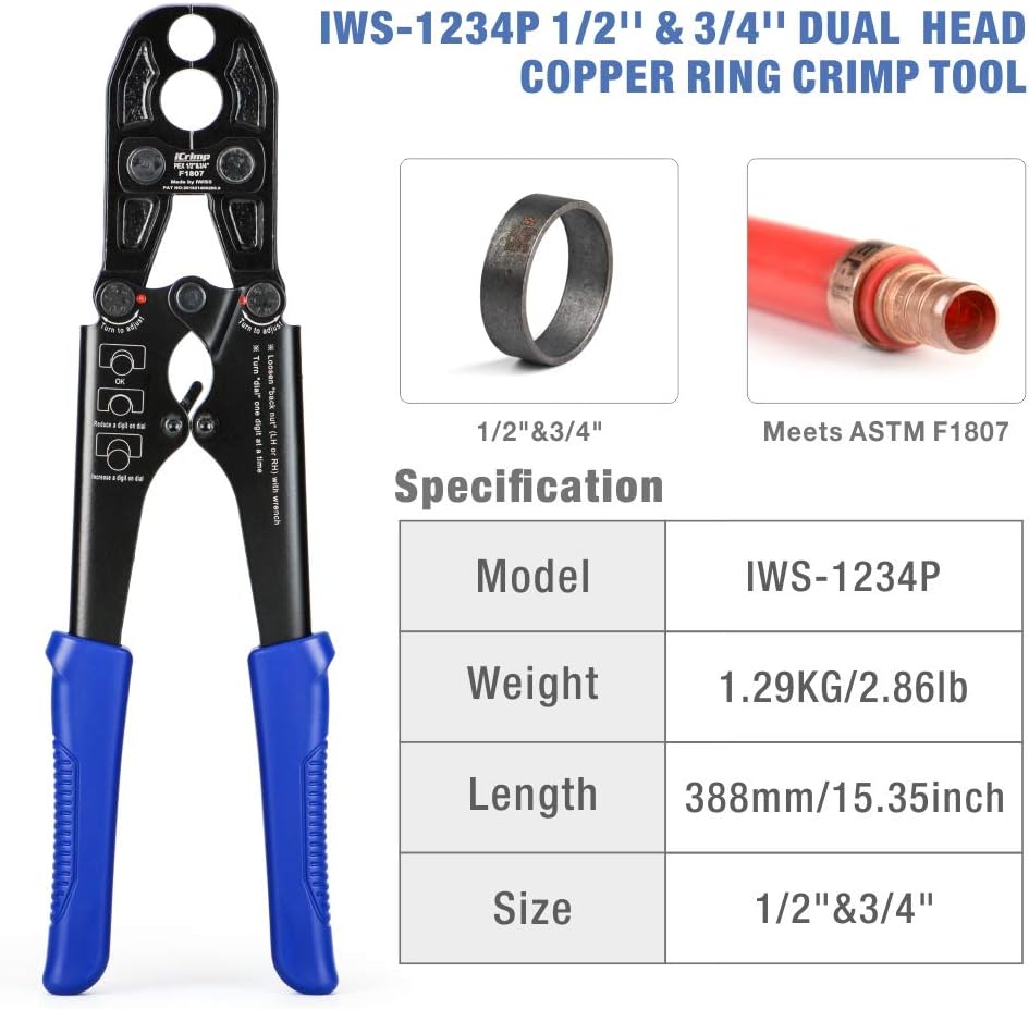 Flash Sale Buy 1 get 1 IWISS Pex Crimping Tool, 1/2-inch & 3/4-inch Copper Ring Heavy Duty Dual Size, c/w Go/No-Go Gauge Meets ASTM F1807