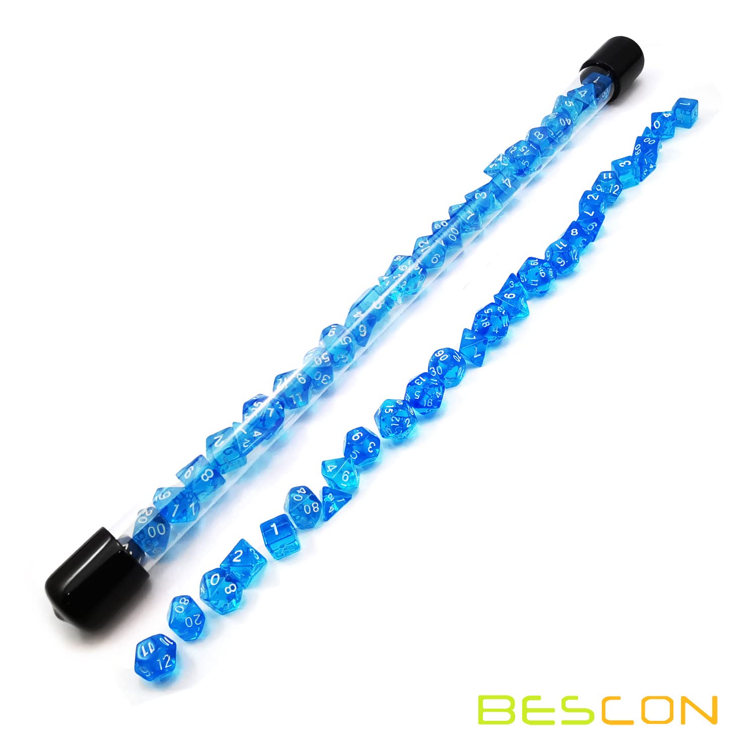 Bescon 28pcs Translucent Blue Mini Polyhedral Dice Set in Tube, Dungeons and Dragons RPG Dice 4X7pcs,Mini Gem Blue Dice Set