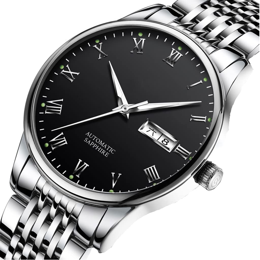 Męski nowoczesny mechaniczny zegarek z paskiem ze stali nierdzewnej automatyczny świecący wielofunkcyjny wodoodporny zegarek na rękę Chronograf zegarek (kolor: A)