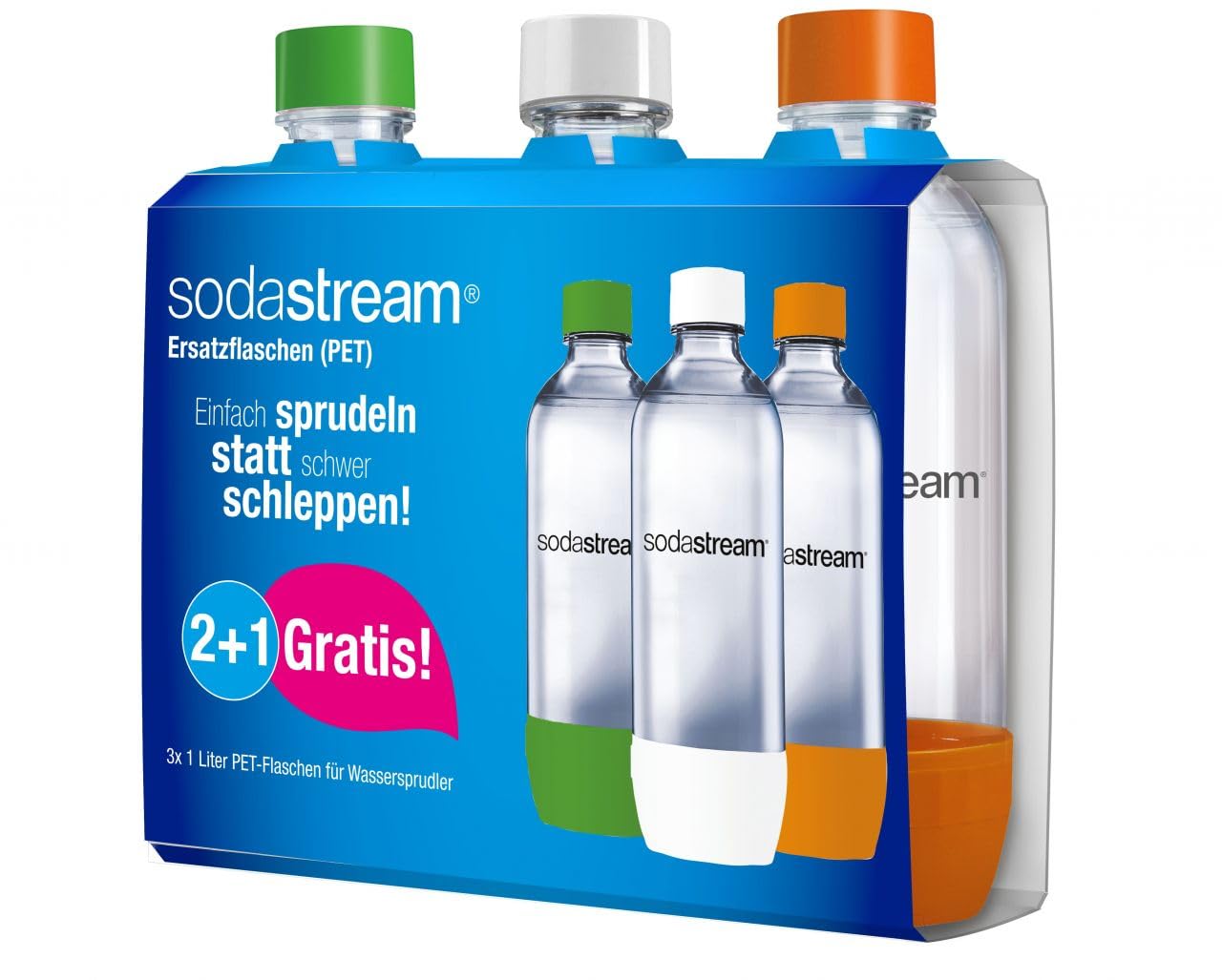 SodaStream Kunststofflasche |1L | PET-Flaschen |weiß, grün & orange |3er-Pack