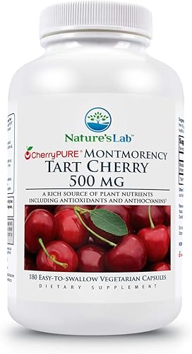 Nature's Lab Cereza ácida de 500 mg, contiene potentes antioxidantes y flavonoides, apoya las funciones metabólicas y el bienestar general, sin OMG,