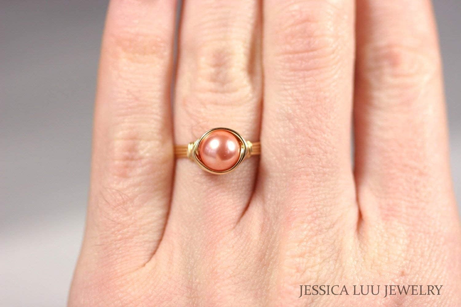 JESSICA LUU JEWELRY Gold Peach Pearl Ring Sizes 4-10 Wire Wrapped Handmade