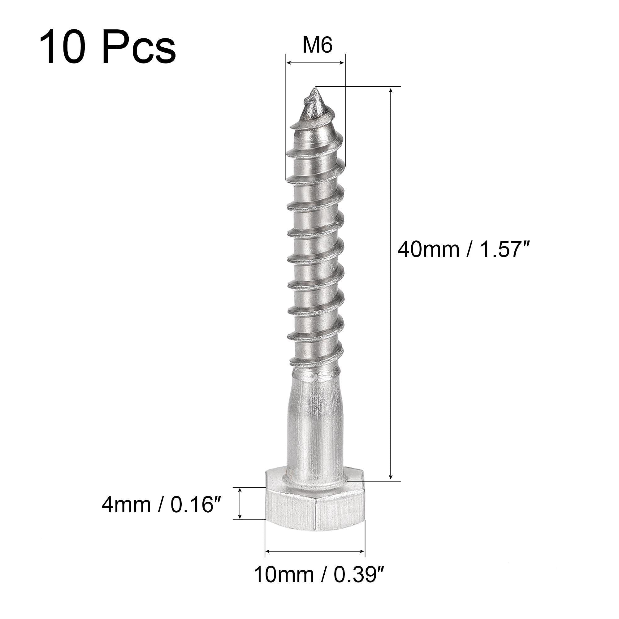 TA-VIGOR 10Pcs Coach Screws, M6 x 40mm Hex Head Lag Bolts - Image 2