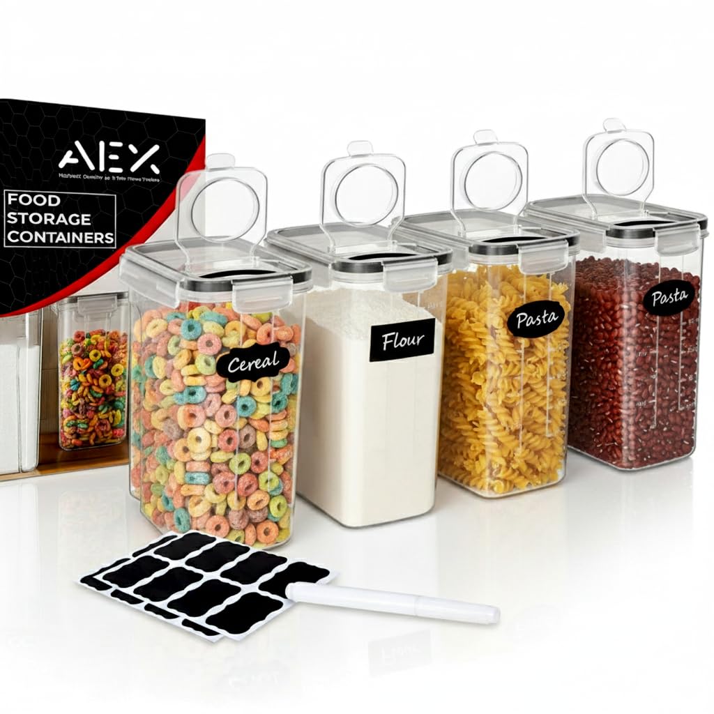 AEX Airtight Food Storage Container - Set of 4 Leak‑Proof Cereal Storage Containers with Lids | BPA-Free Kitchen Pantry Storage Organiser - Flour Sugar Pasta Dry Food Storage Jars - 4L Capacity