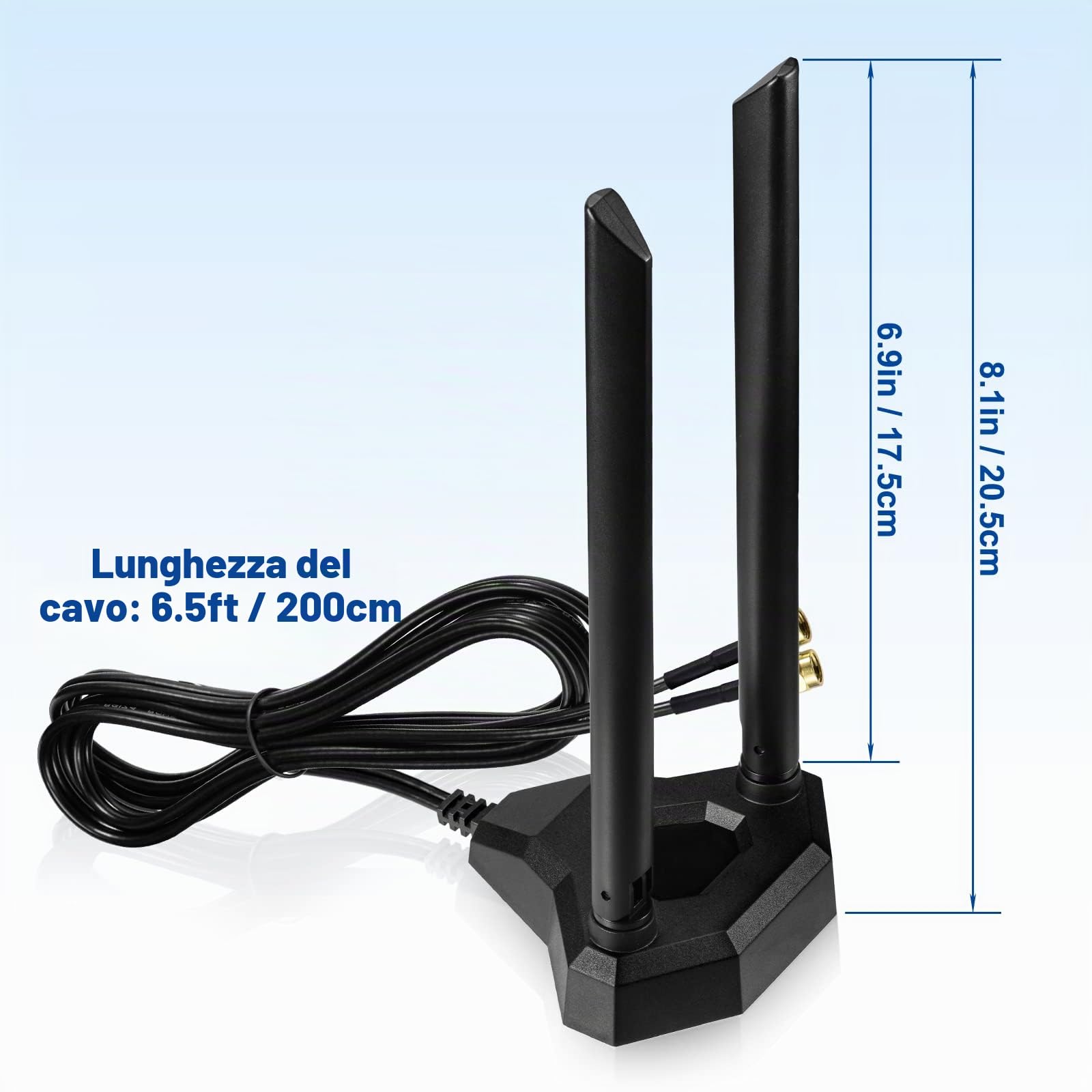 Eightwood Antenna WiFi Bi-Banda 2.4GHz/5GHz Antenna WLAN PC Router omnidirezionale con magnete RP-SMA con cavo di prolunga 2M per Netgear Scheda PCIE Scheda WLAN Scheda madre PC Bluetooth