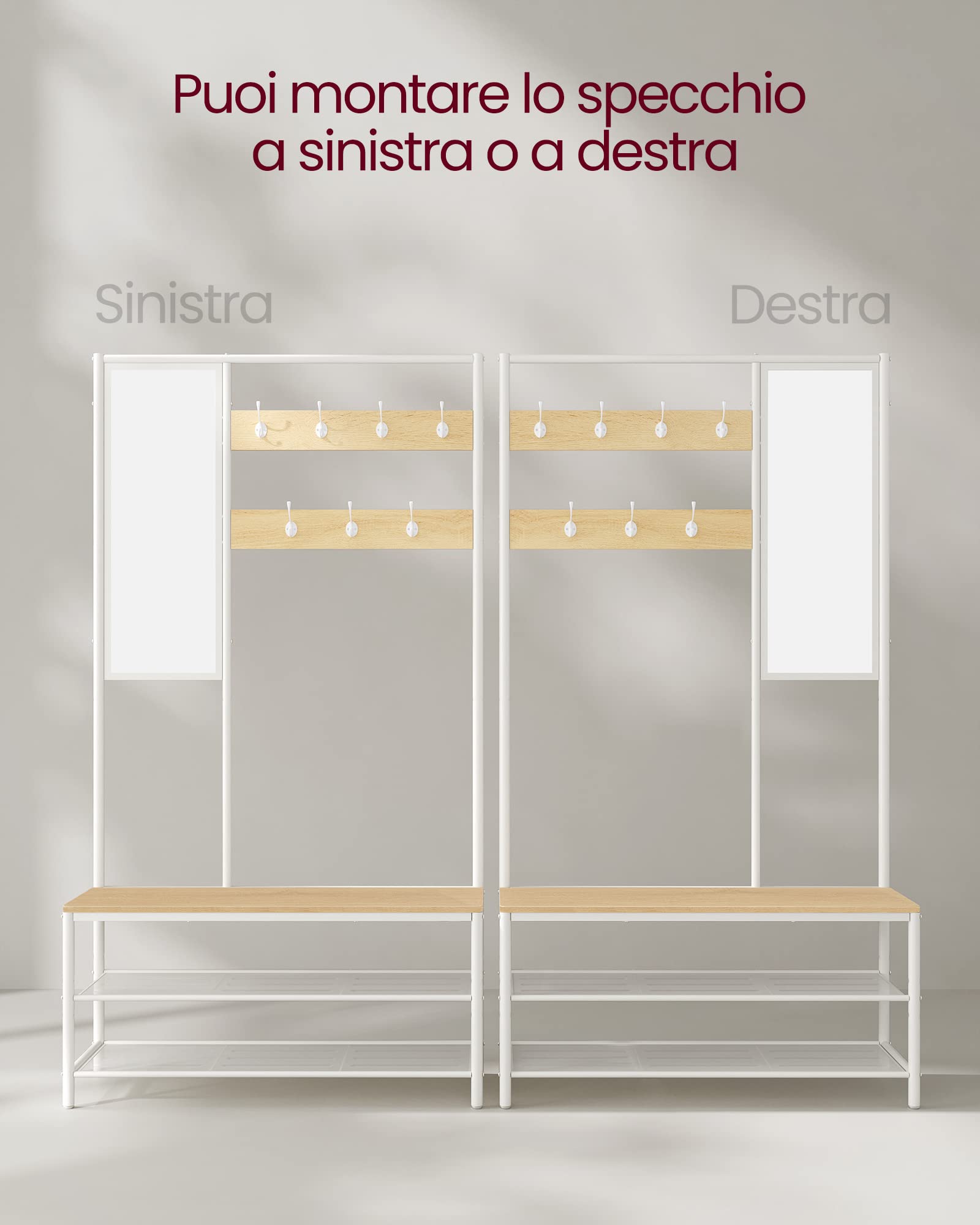 VASAGLE Appendiabiti con Scarpiera, Mobile Ingresso con Ganci, Specchio, Panca e Ripiani, 35 x 98 x 180 cm, Corridoio Camera da Letto Salotto, Moderno, Color Rovere e Bianco Nuvola HSR415W09