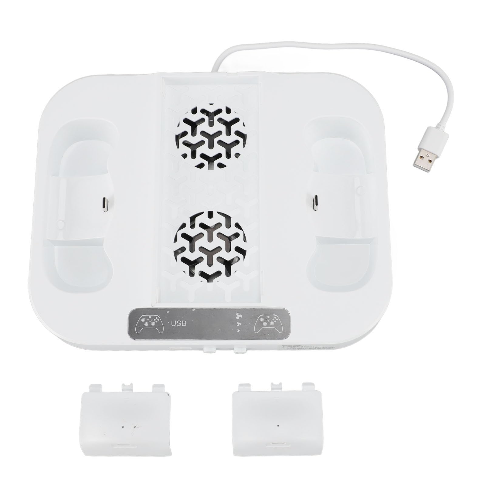 KUIDAMOS Ladestation für Spielekonsolen-Controller mit Einstellbarem Lüfter und RGB-Beleuchtung für Gamer, Inklusive 2 Batterien