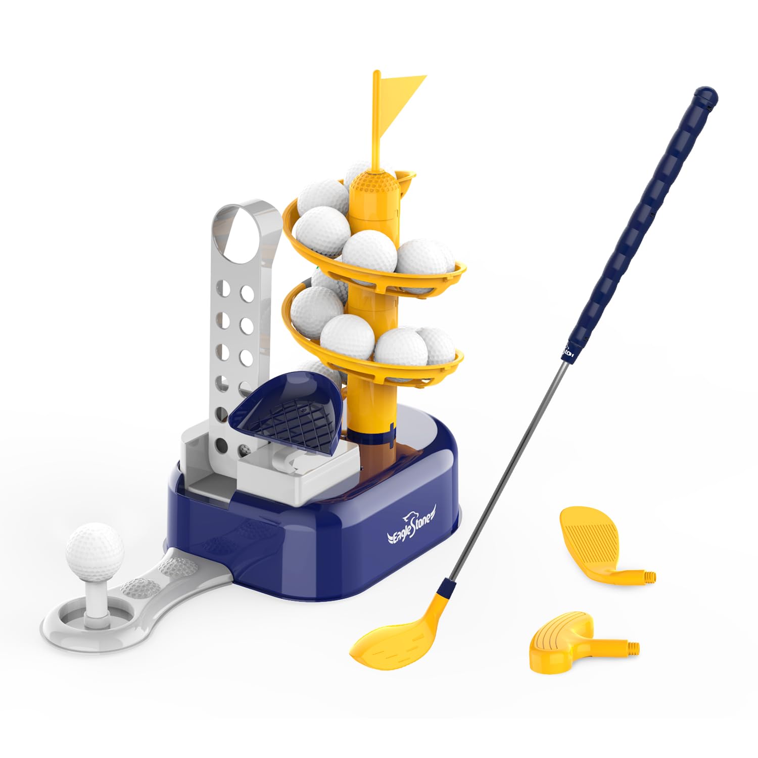 EagleStone Set da Golf Bambini 3-8 Anni con Lanciatore a Pedale, Mazza Regolabile, 15 Palline e Carrello. Giocattolo Sportivo da Interno ed Esterno per Bimbi e Bimbe
