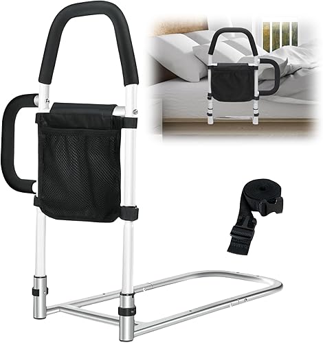 Miniatura 7 de Riel de cama para adultos mayores de seguridad con bolsillo de almacenamiento y patas de apoyo mejorada, altura ajustable, protector de cama para