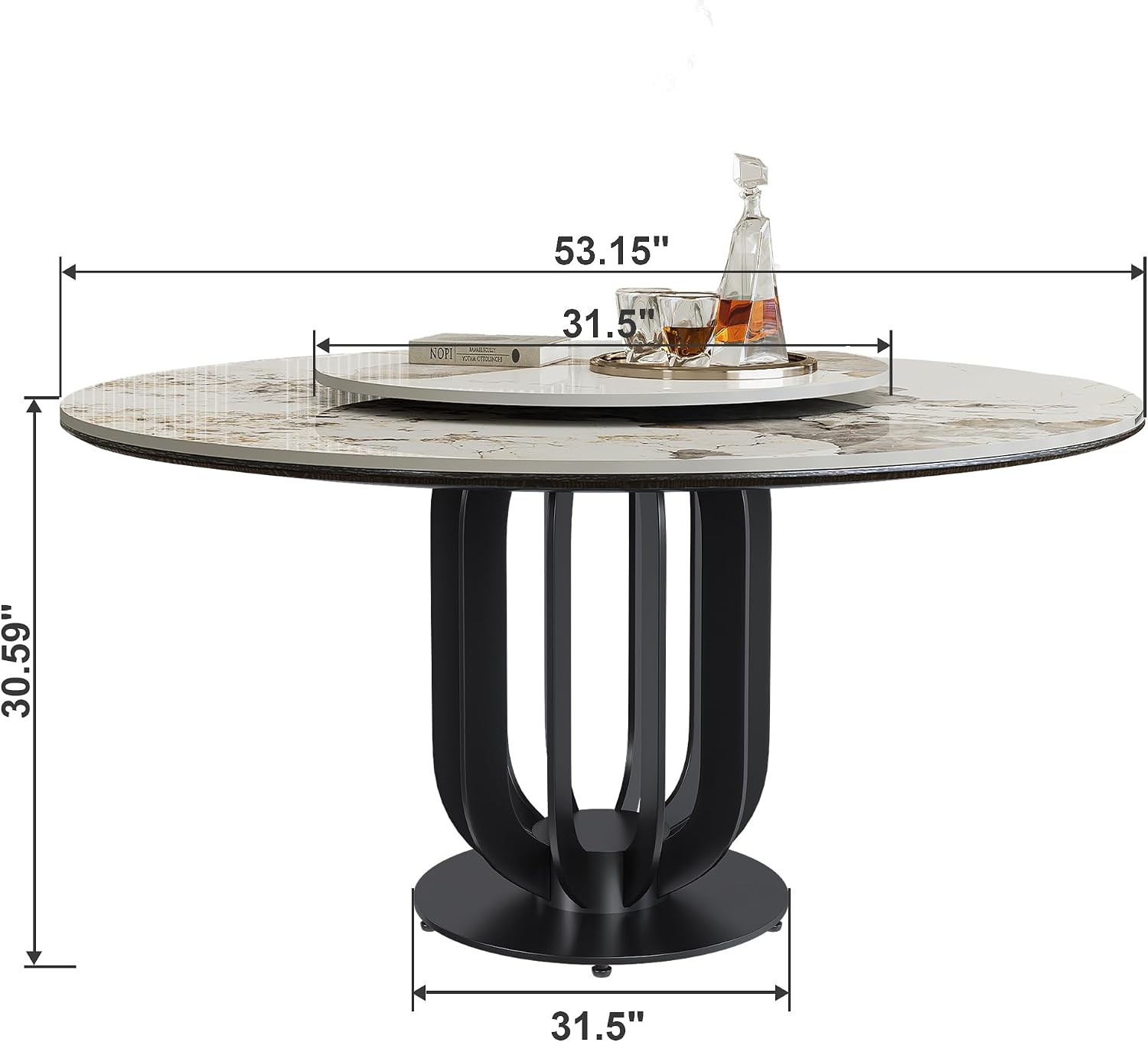 Montary 53” Modern Round Dining Table for 4-8 Seat, Artificial Marble Dining Room Table with Lazy Susan, Black Lantern Carbon Steel Base, Sintered Stone Top Dining Table (Only Table)