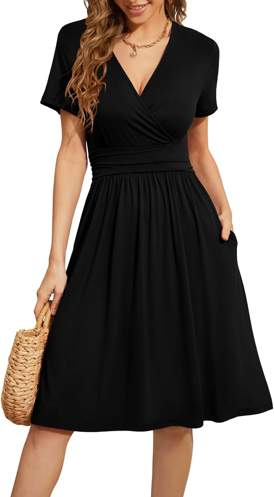 Women's Summer Short Sleeve Casual Dresses V-Neck Floral Party Dress with Pockets