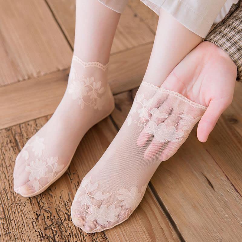 Acxico womens 4Pcs Leaves Lace Invisible Thin Boat Hollow Non-slip Shallow Socks, Black, moderate3