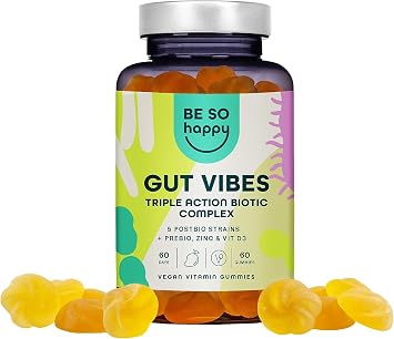 Vegan Prebiotics and Postbiotics, Gummy Bears forGut Health, Immune System & Digestion for Women & Men 60 Days, Complex with Zinc + Vitamin D3, Tropical Fruit Flavor, Gluten Free, Be So Happy