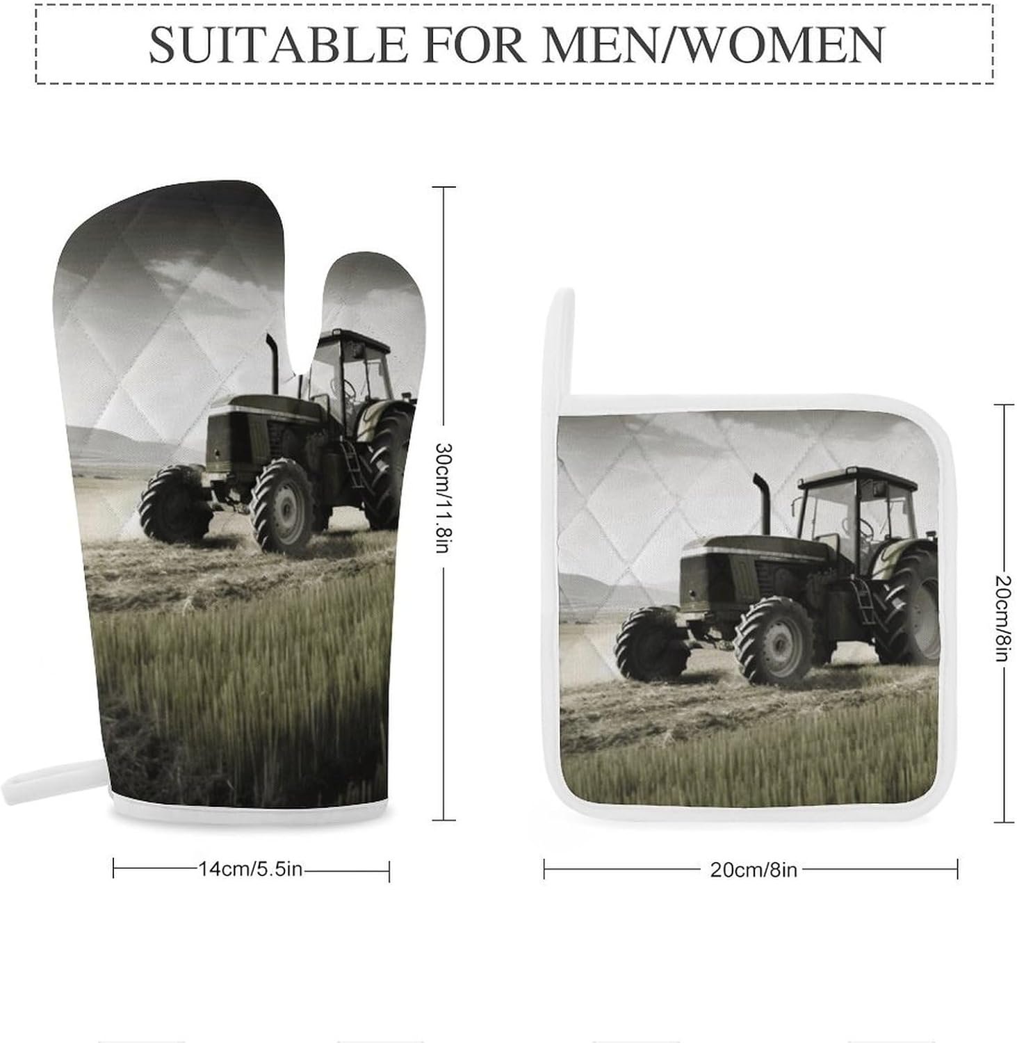 4-Piece Oven Mitts and Pot Holders Set Tractor Agriculture Tranquil Printed Heat-Resistant Polyester Kitchen Gloves and Potholders Comfortable & Durable for Cooking Baking and Grilling