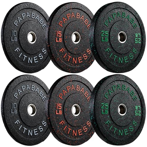 papababe Bumper Plates, High-Bounce Olympic Weight Plates with Colored Fleck-Rubber Weights Plates for Weight Lifting and Strength Training (100 LB Set-2 * 10LB, 2 * 15LB, 2 * 25LB)