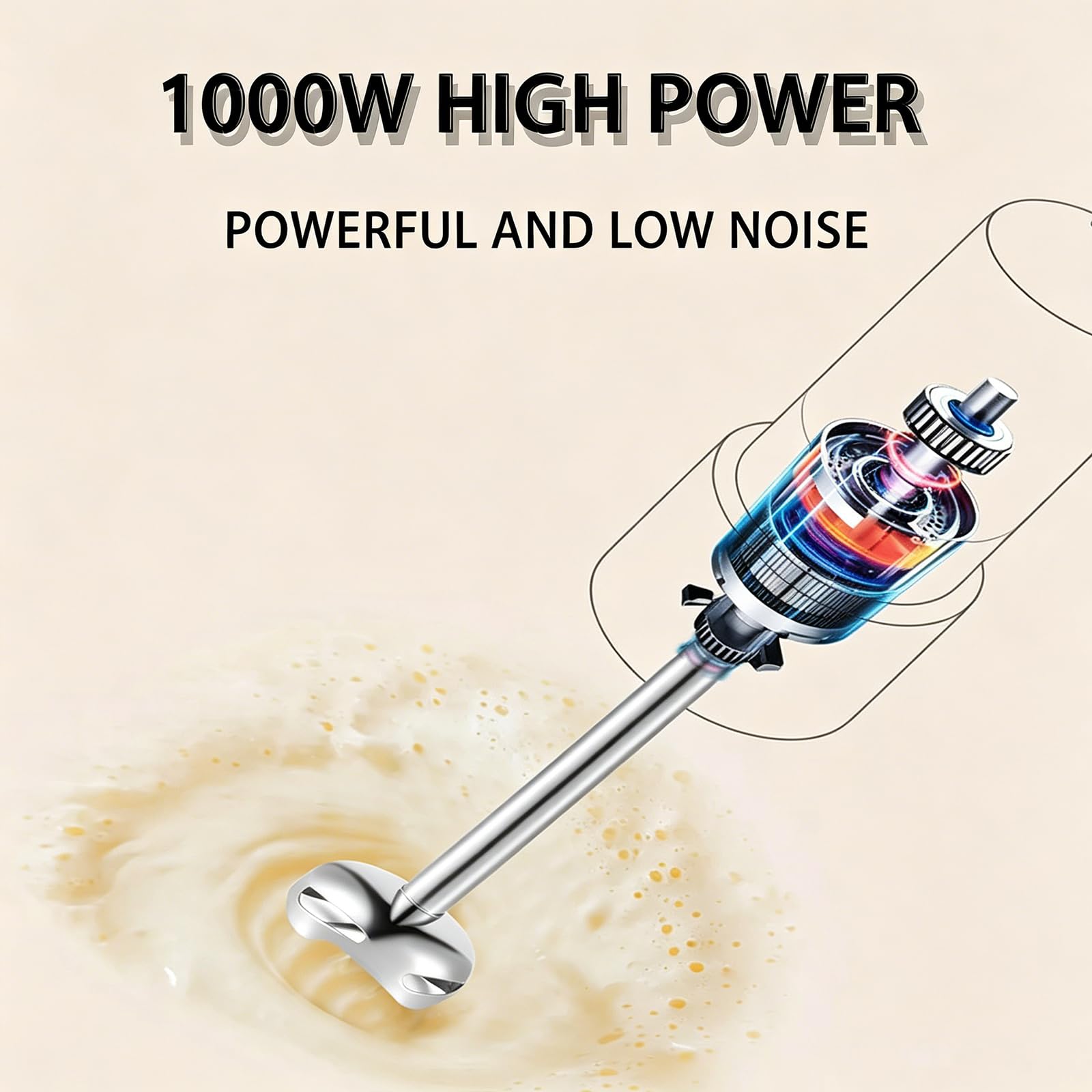Ręczny blender zanurzeniowy 4 w 1, 1000W, wielobiegowy, funkcja Turbo, mikser ręczny z trzepaczką, siekaczem i miarką do domowych zup, shake'ów i deserów
