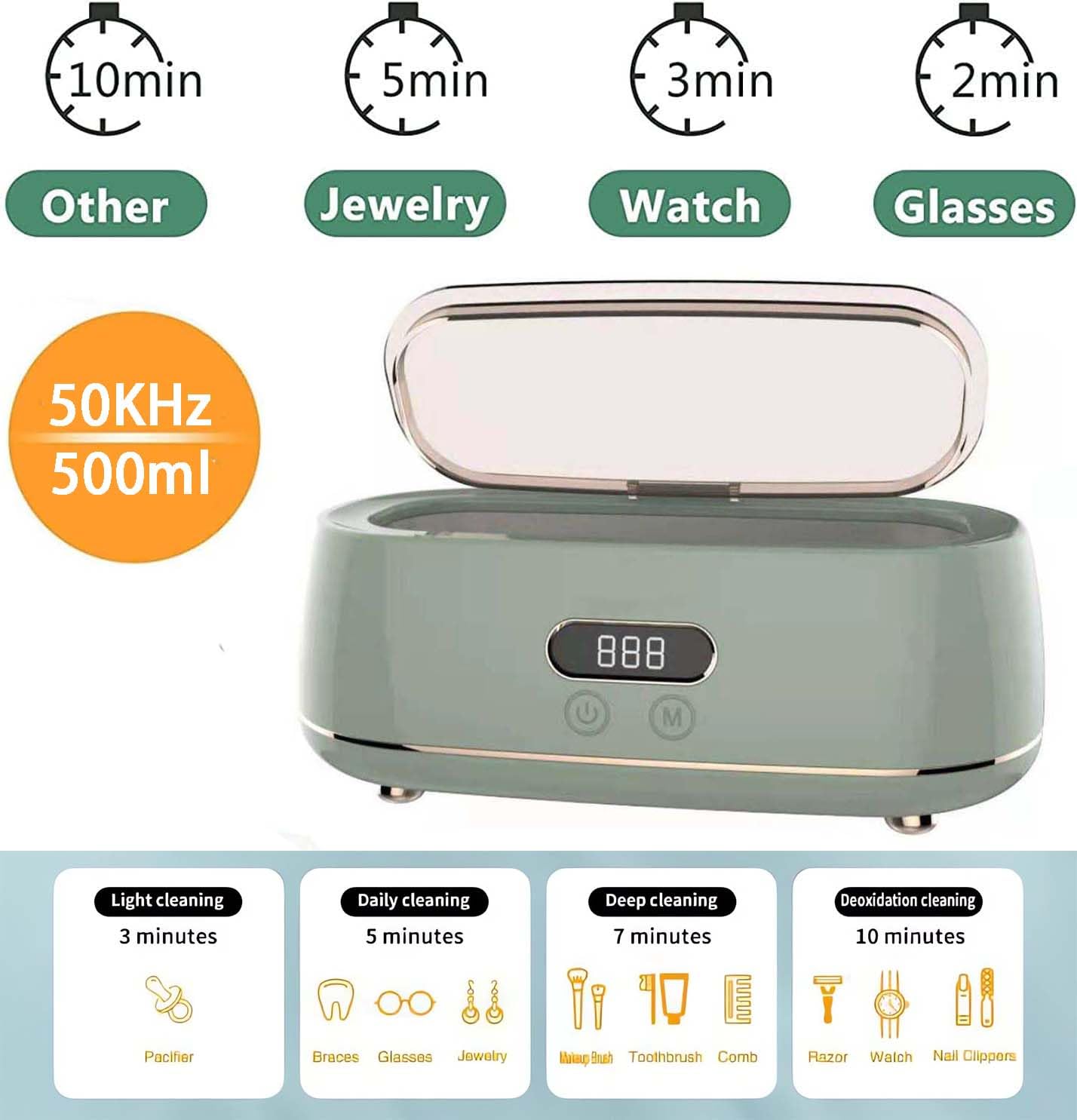 Ultraschallreiniger Ultraschallreinigungsgerät, 45 kHz tragbares Edelstahl 400ml ultraschallgerät ultraschallbad für zuhauseaus Mit 4 Zeiteinstellungen für Brillen Schmuck Ringe Zahnersatz
