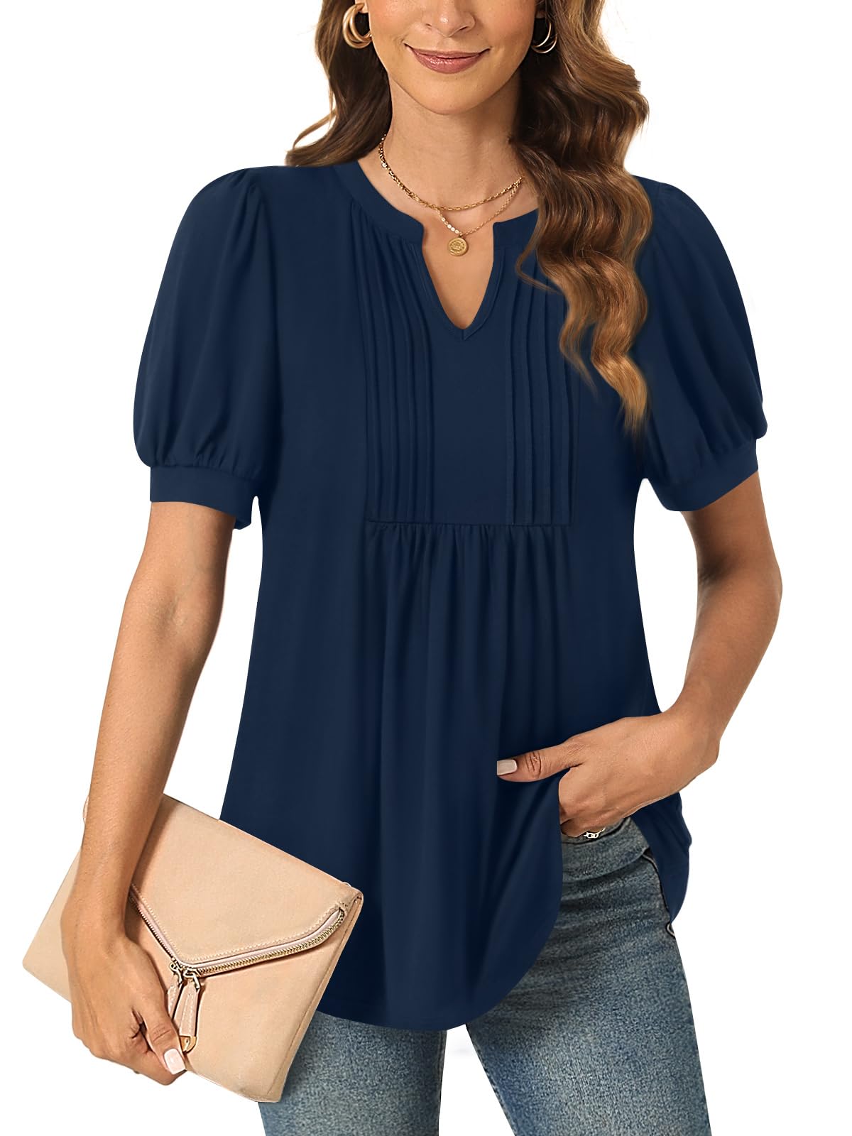 Anyally Womens Summer/Spring Dressy Casual Blouse Puff Short Sleeve Tunic Tops Pleated T-Shirts for Work
