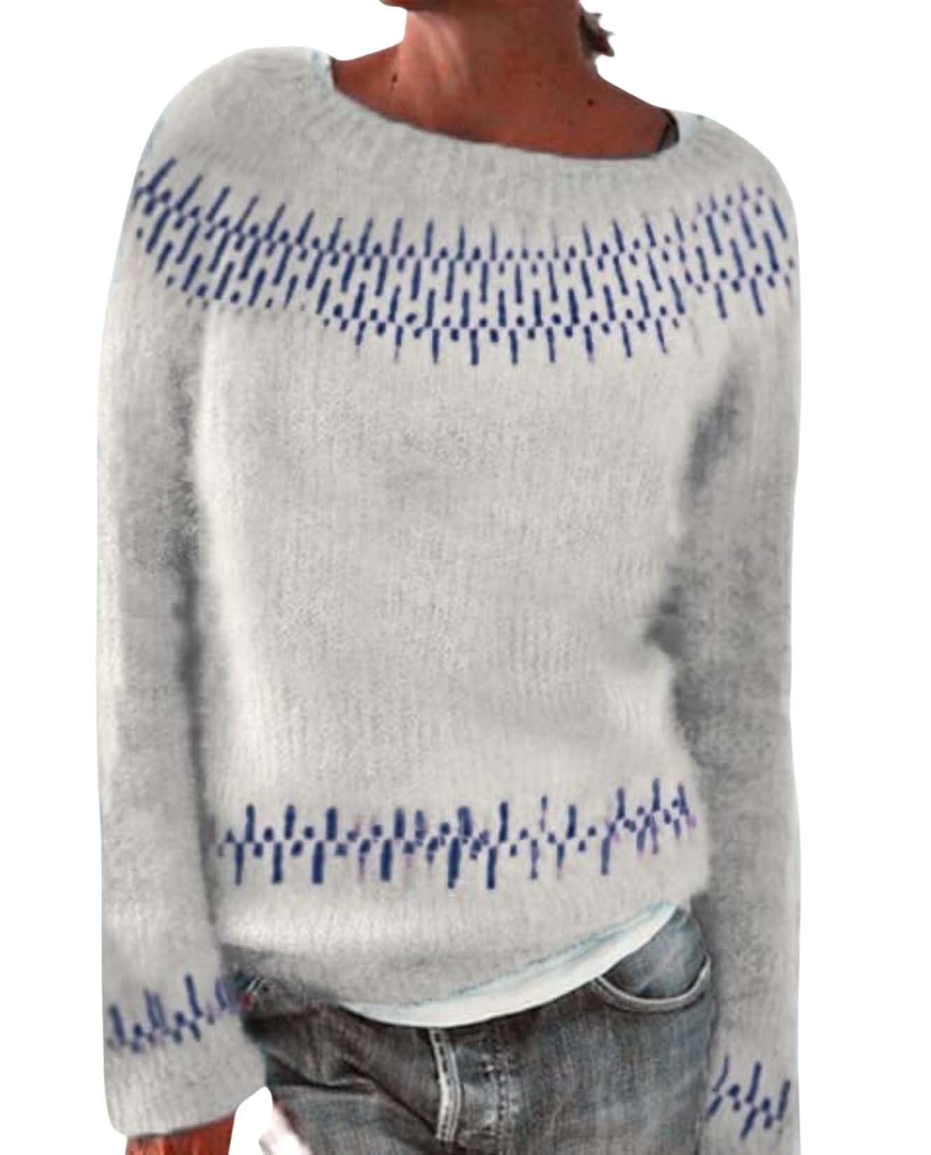 Fair Isle Knit Sweaters for Women Vintage Long Sleeve Crew Neck Loose Casual Pullover Knitwear Tops Oversized