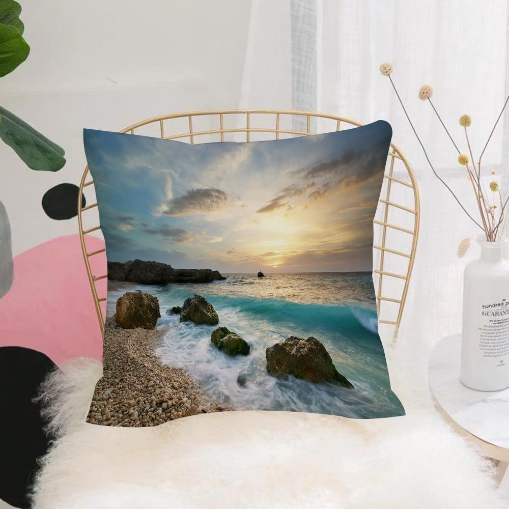 HYOSXW Cushion Cover,Throw Pillow Case Home Decorative for Living Room Bedroom Sofa Chair 16X16 Inch,Ocean, seascape, sition, nature, rocks, waves, cloudy sky, sun,Pillowcase 40X40cm