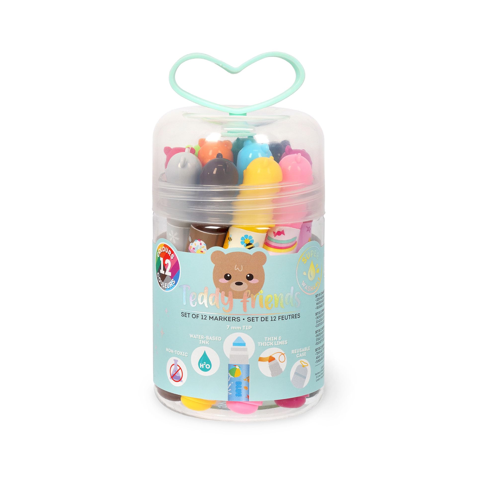 LEGAMI - Lot de 12 feutres - Teddy Friends, 12 couleurs assorties, lavables et non toxiques, pointe anti-retour, traits fins et larges, pour enfants et filles, emballage réutilisable