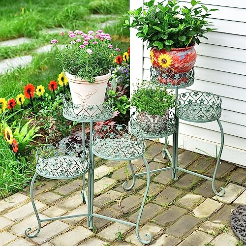 Sungmor 2-Pack 3 Tier Plant Stands, 23" Tall Metal Plant Shelves, Beautiful Rustic Green Planter Rack Elegant Plants Organizer For 3 Pots, Indoor Outdoor Decorative Multi Tier Shelf Flower Pots Holder #TOP1