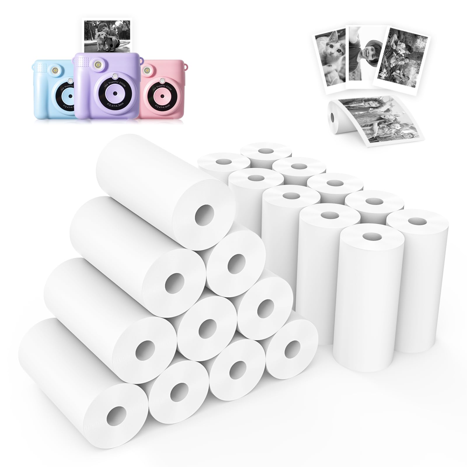 Phetium 20 Rolls Kids Camera Instant Print Refill Paper Set, HD Printing Thermal Paper for Most Kids Instant Camera Photo Print (White-20 Rolls)