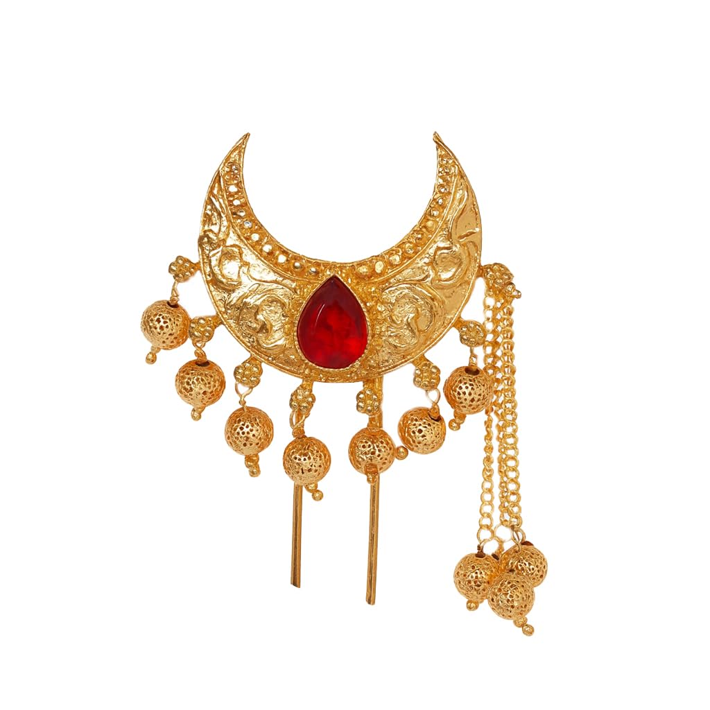 anuradha pearl trendy golden finish chandrakor kundan juda pin for women & girls | ambada pin | fancy marathi hair accessories ideal for every occasion.