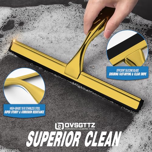Image of All-Purpose Shower Squeegee for Shower Glass Door with 3 Adhesive Hooks, Stainless Steel Shower Door Squeegee for Bathroom, Household Window, Car Windshield, Mirrors, Tiles Clear, 12 inch, Golden