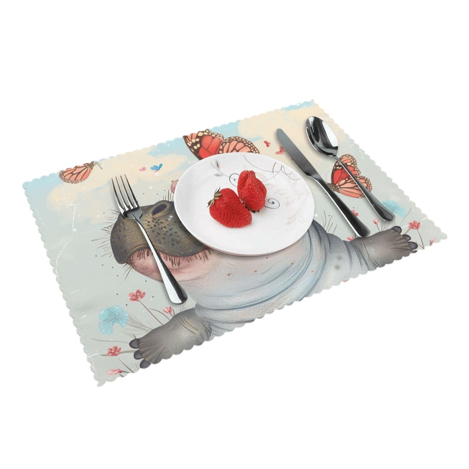 Butterfly and Hippo Printed Placemat Heat Resistant Place Mats Set of 4 PCS Washable Kitchen Table Mats, 12x18 Inch