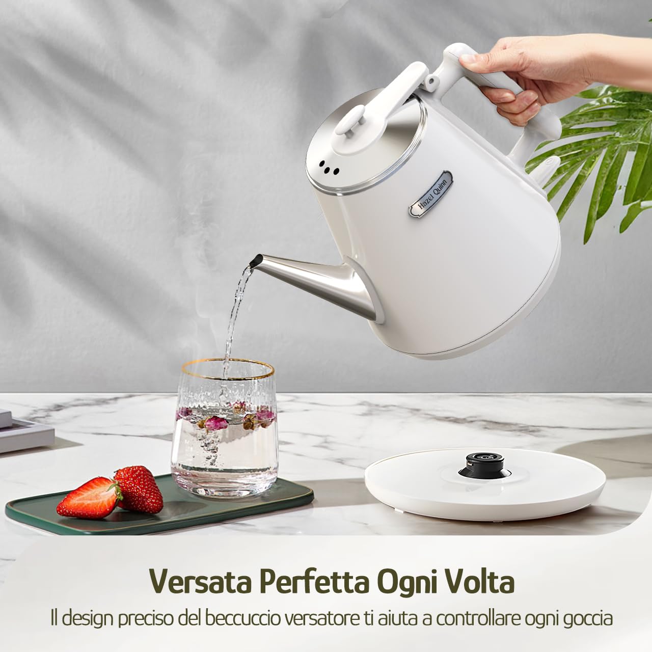 Hazel Quinn Mini Bollitore Elettrico 1 L, Inox, Doppia Parete, Bianco Perla | Bollitura Rapida 1360 W, Inox, Senza BPA, Doppia Parete Fredda al Tatto, Senza Fili, Autospegnimento, Beccuccio a Collo d'Oca