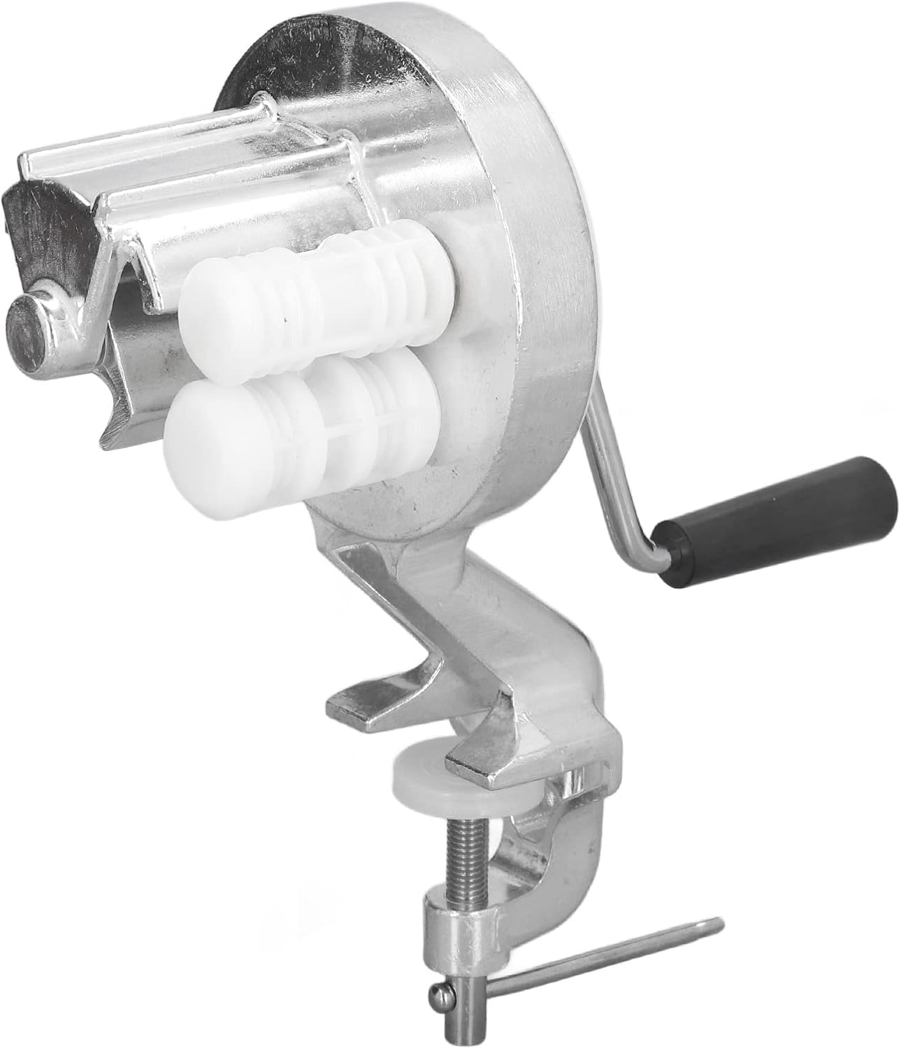 Prensa manual para pasta, extrusora de fideos manual de acero inoxidable plateado con manivela para uso en cocinas y restaurantes.