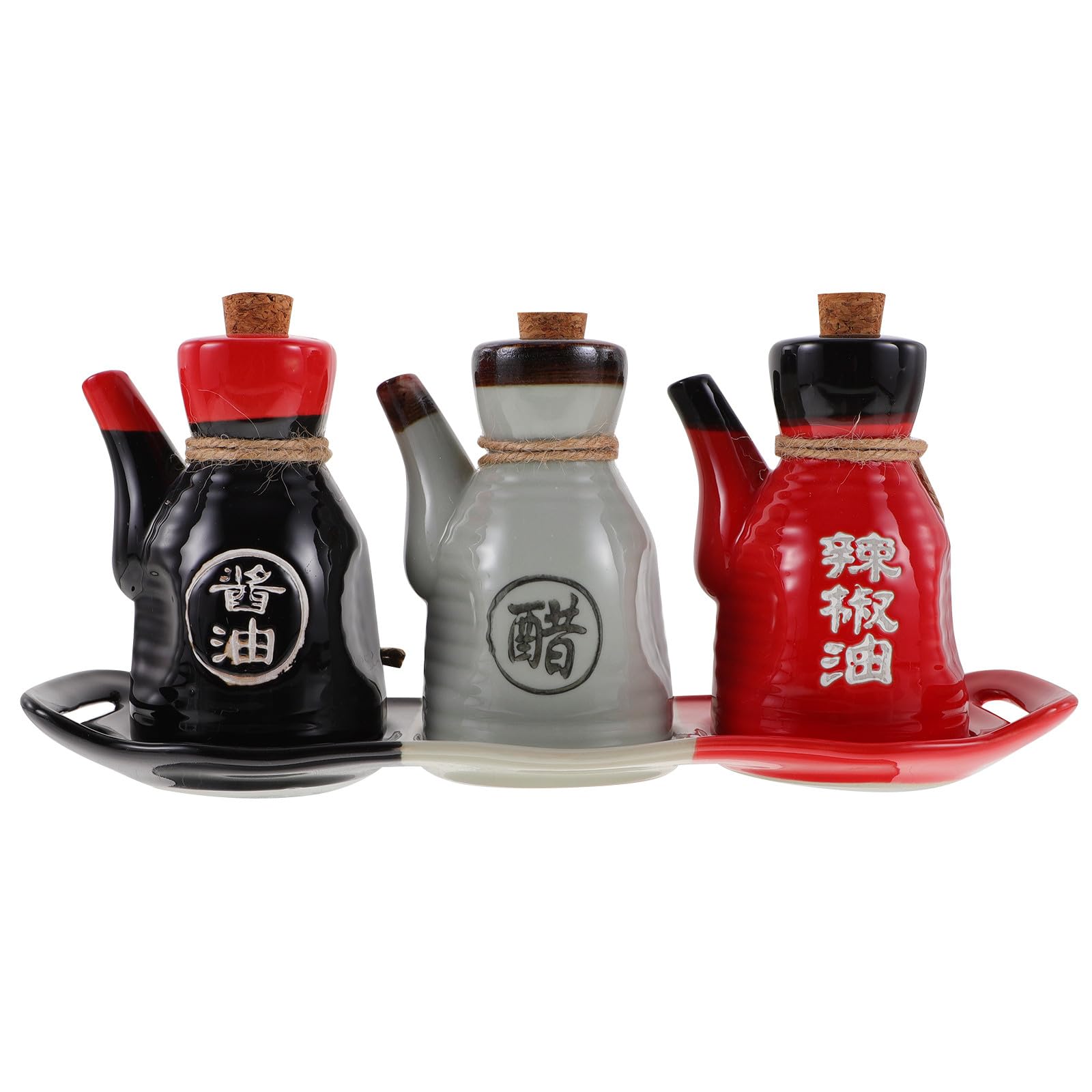 Juego de Dispensador de Vinagre y Aceite con Tapa de Corcho y Bandeja de Cerámica Japonesa 200ml, Diseño Delicado y Funcional para Cocina