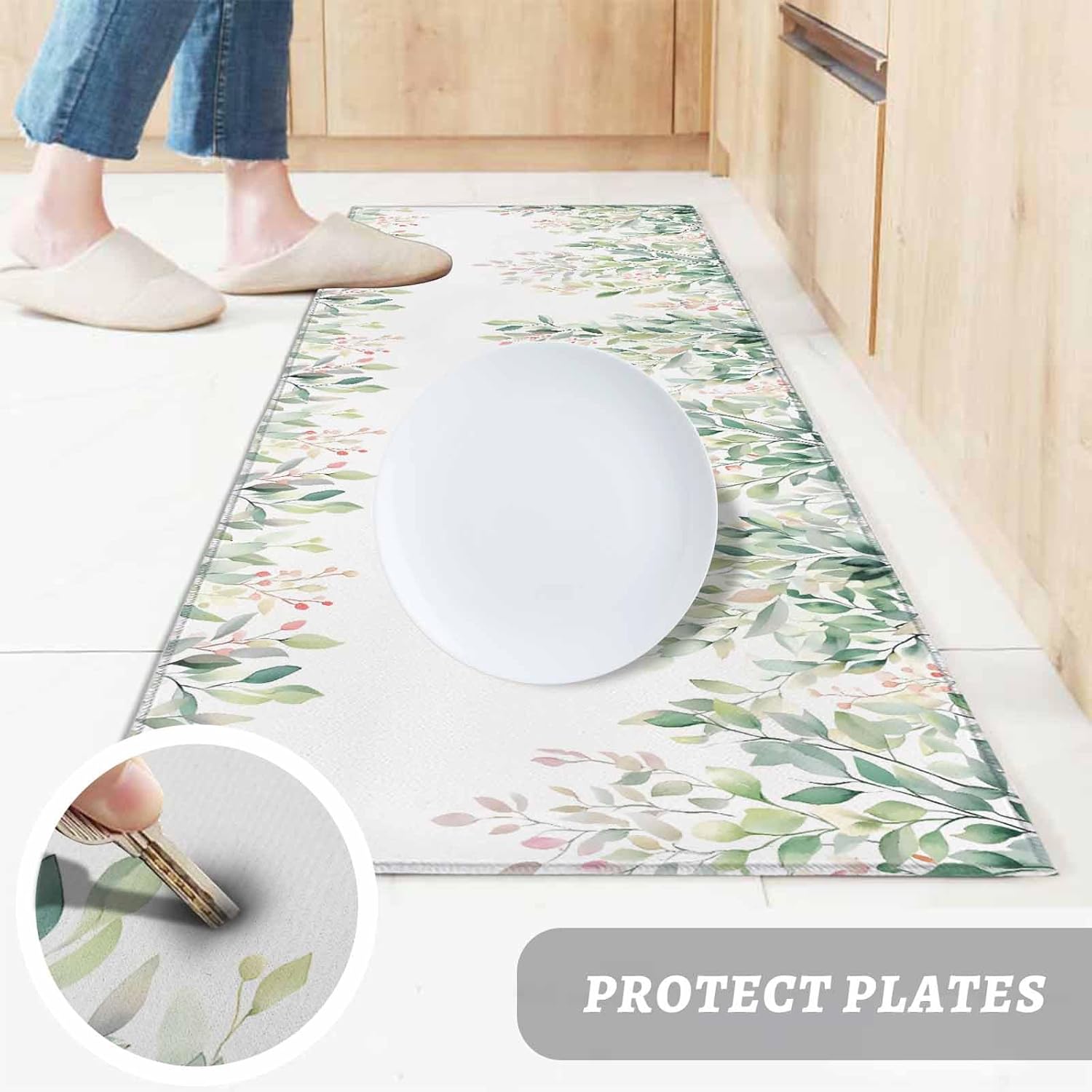 Kitchen Mats for Floor Spring Green Gradient Leaves Washable Non Slip Kitchen Rugs 2PCS, Watercolor Leaf on White Absorbent Standing Mats for Sink Bathroom Office Living Room 15.7x23.6in+15.7x47.2in