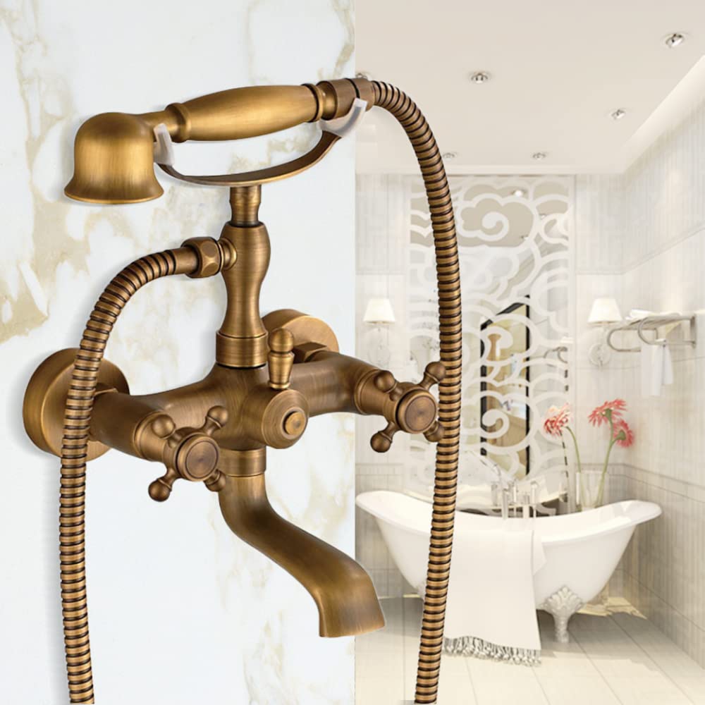 Grifería de ducha retro antigua, diseño vintage, con forma de teléfono, grifos de bañera, caño giratorio de 360°, con ducha de mano, grifo de ducha de doble mango para el baño
