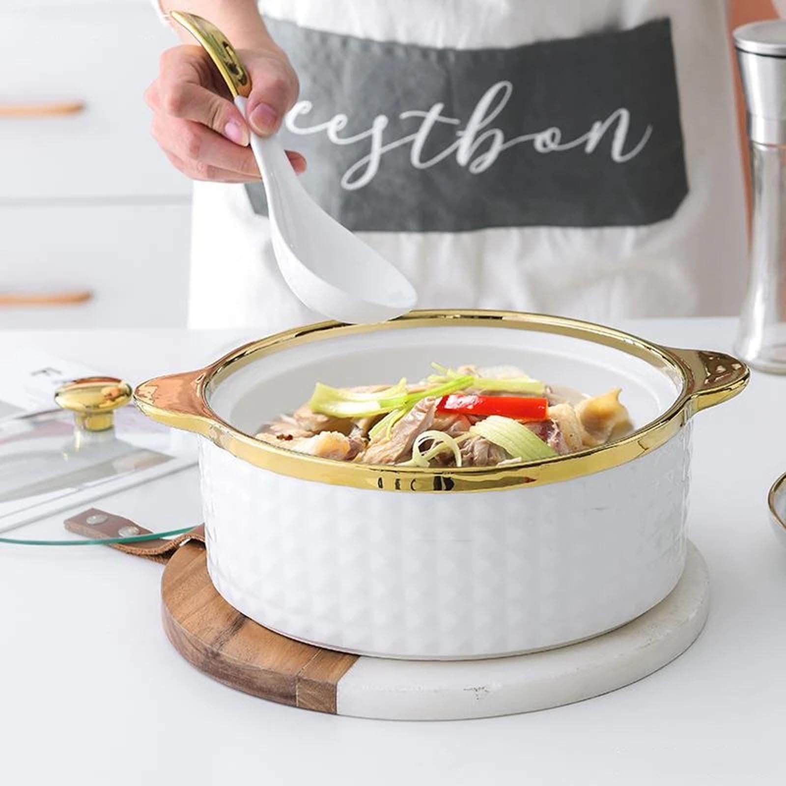 Soupière en céramique avec louche à Soupe, Bol de Service à Double poignées, Bol à Soupe allant au Micro-Ondes pour la Cuisine de la Maison du Restaurant,A