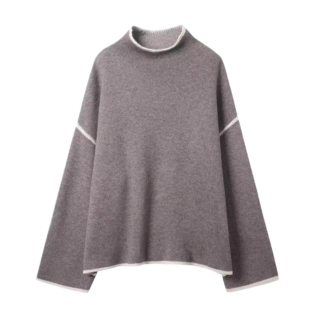 Womens Contrast Piping Knit Turtleneck Sweater Long Sleeve Loose Fit Pullover Autumn Winter Fashion Casual Wear