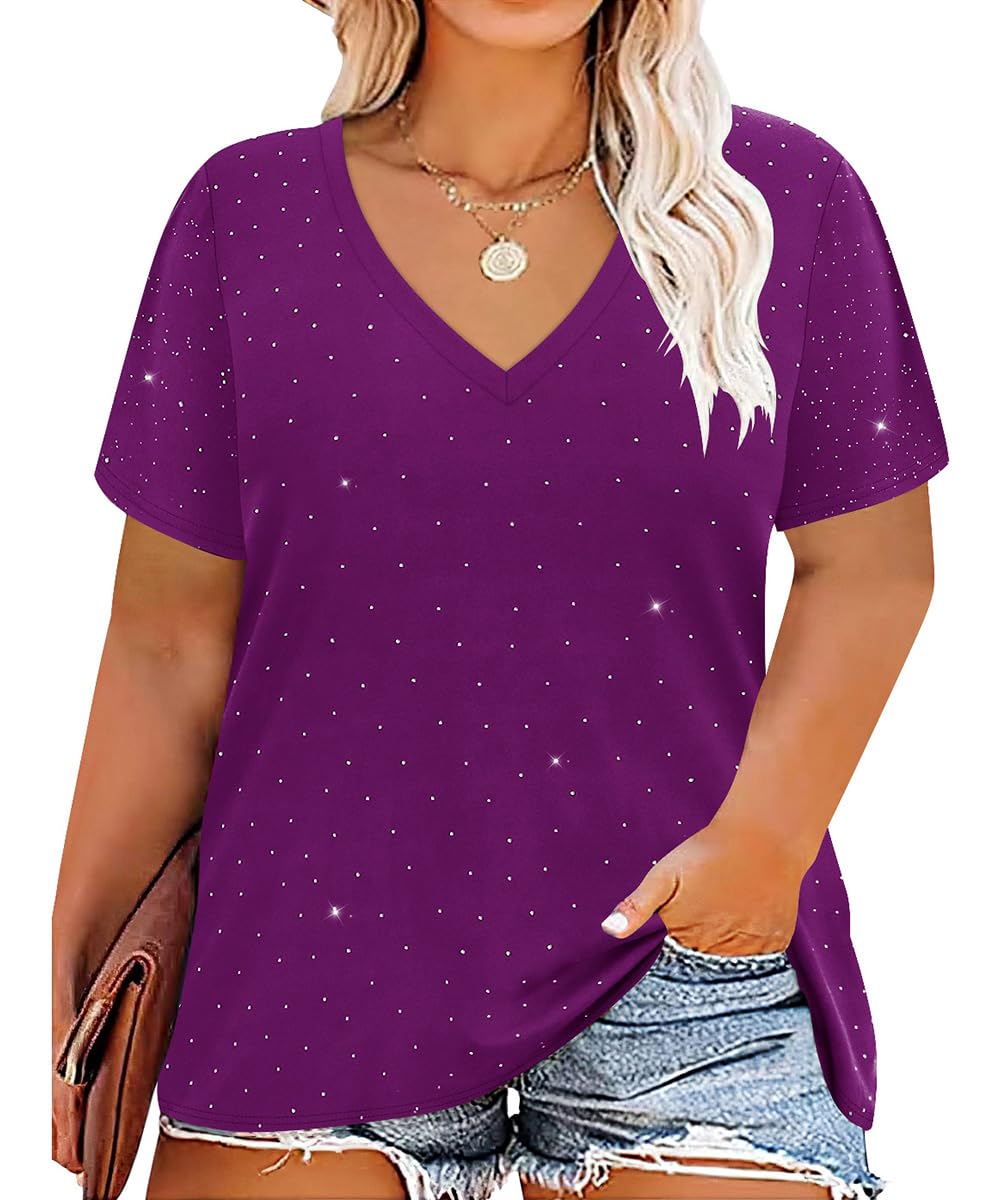 CARCOS Womens Plus Size Tops Basic Summer Shirts Short Sleeve V Neck Tunics Casual T-Shirt Loose Fits XL-5XL