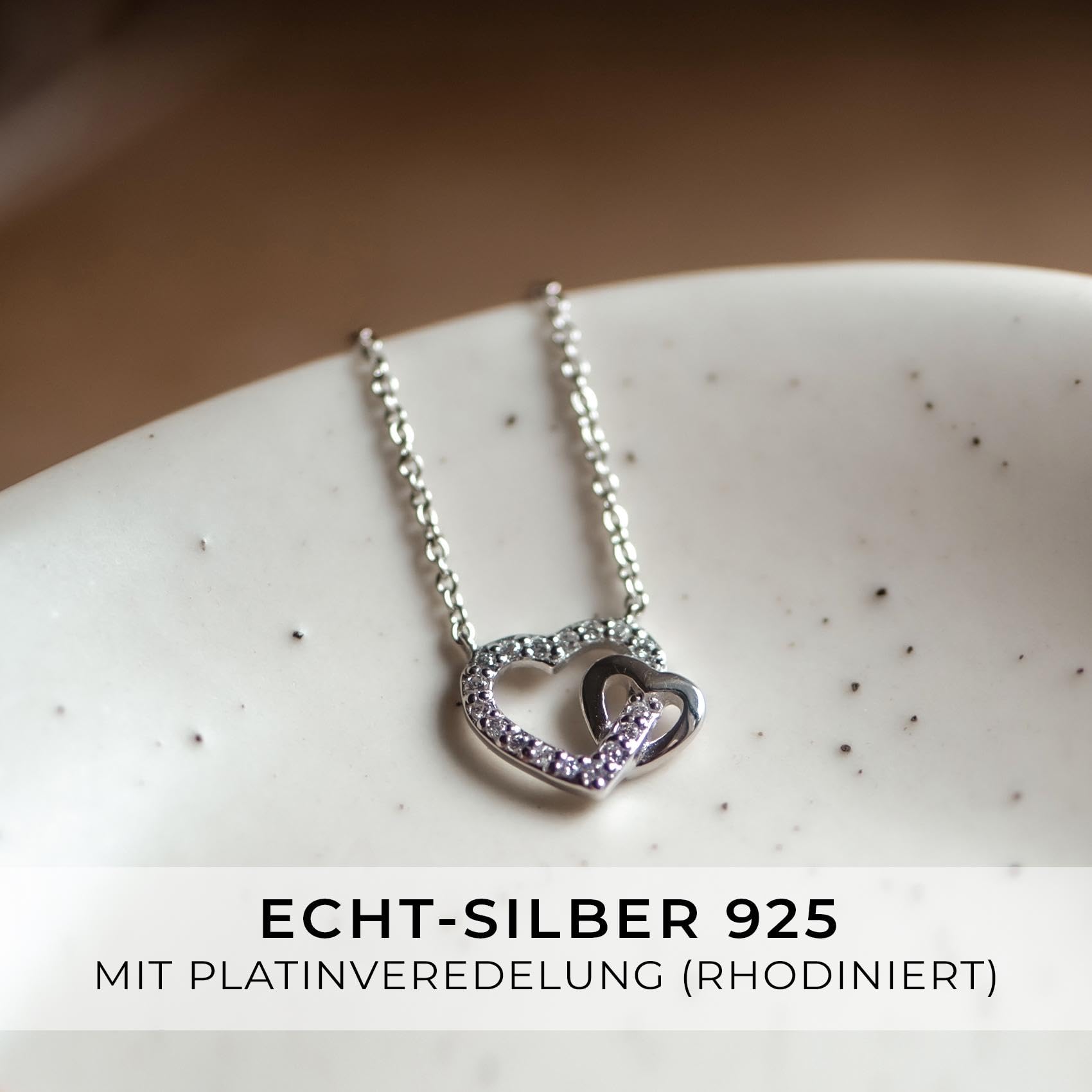 Damen Kette Herz Anhänger Halskette 925 Sterling Silber, Herzkette 2 Herzen | Echtsilber zwei verschlungene Herzen, Echt Silberkette mit Zirkoniasteinen, Schmuck Geschenk für Frauen Sie Frau Freundin