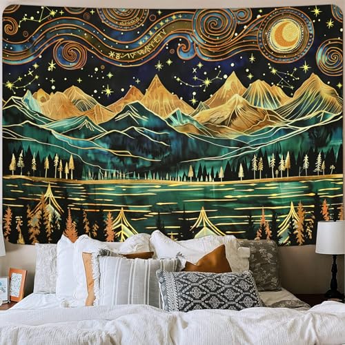 Uspring Mountain Forest Tapestry Boho Moon Stars Tapestries Nature Landscape Tapestry Large Art Wall Tapestry Aesthetic Tree Lake Tapestry Hanging For Living Room thumb #2