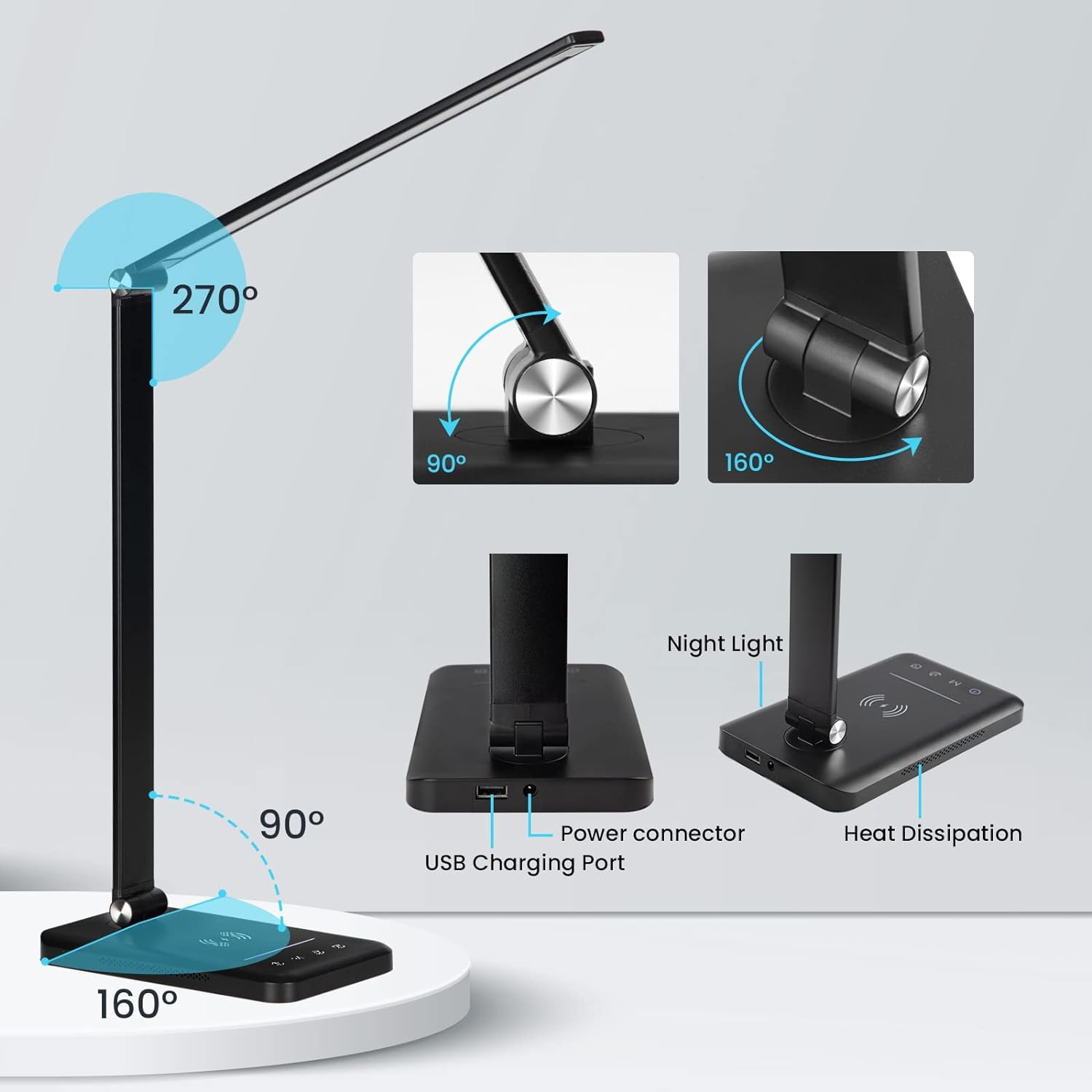BIENSER Lampada da Scrivania LED con Ricarica Wireless 10W, Funzione di Ricarica USB, 600LM Lampada da Tavolo con 10 Livelli di Luminosità × 5 Colori, Luce Notturna, Memoria, Timer Auto, 6000K, 24W