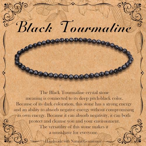 BONNY BOXX Natural Genuine Gemstone Faceted Round Beads Bracelets 3mm Adjustable Stretchy Tiny Faceted Black Tourmaline Bracelet Healing Crystal Reiki Chakra Dainty Jewelry Fashion Gifts