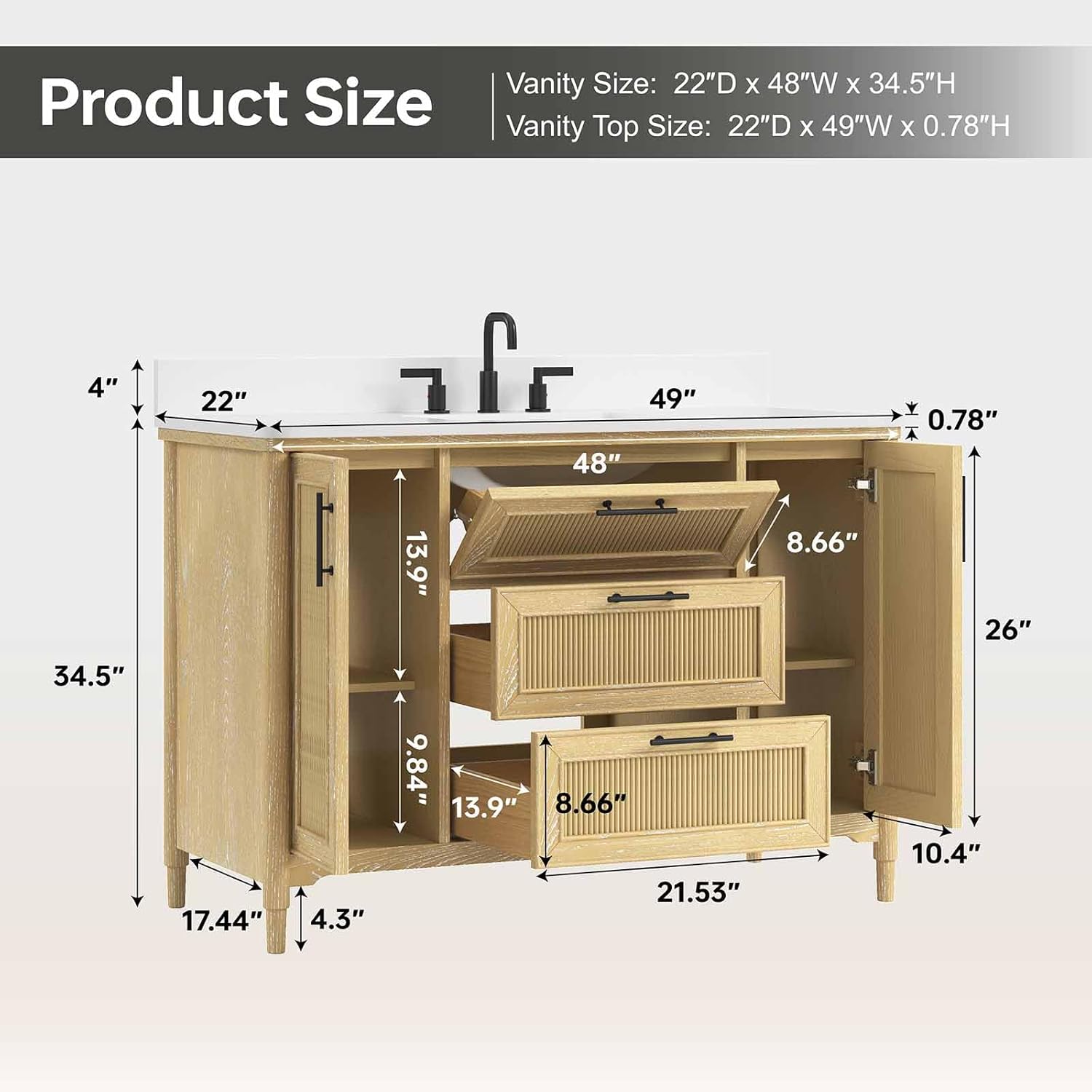 48 Inch Bathroom Vanity with Sink, Solid Wood Frame Single Sink Bathroom Vanity with Quartz Countertop, Bathroom Storage Cabinet with Soft Closing Doors & Dovetail Drawers, Light Oak