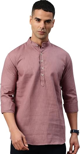 Majestic Man Men's Pure Cotton Solid Mandarin Collar Slim Fit Roll-Up Sleeves Short Kurta Lightweight Summer Kurta for Dai...