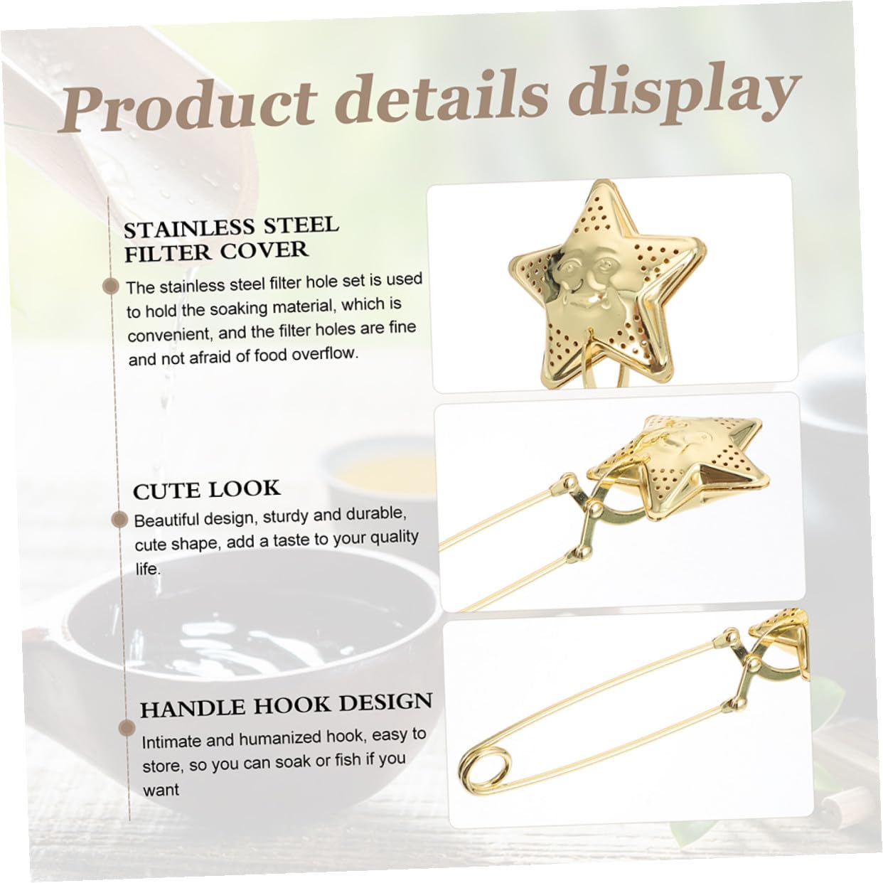 jojofuny Filtre à Thé en Acier Inoxydable Doré avec Motifs Étoiles et Lune, Infuseur Léger et Solide pour Thé en Vrac, Accessoire pour Infusion à Domicile