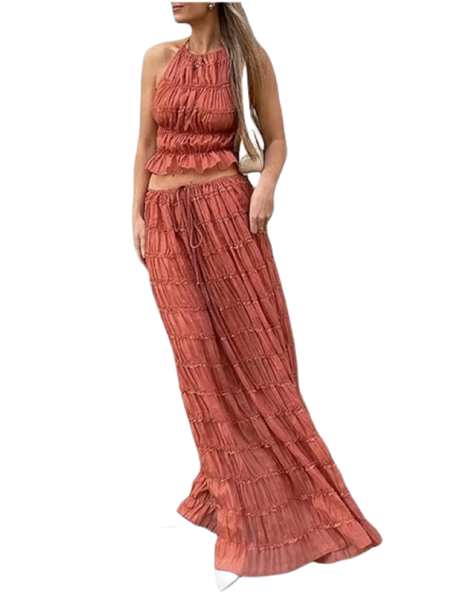 WangsCanis Ensemble de 2 pièces pour femme avec jupe longue sans manches dos nu et haut court plissé, jupe maxi fluide sexy d'été deux pièces