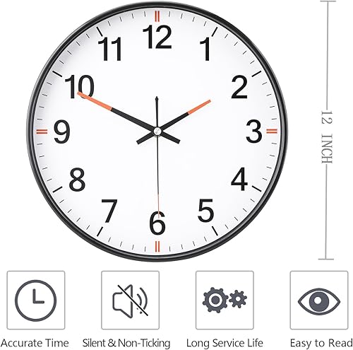 Miniatura 4 de Reloj de pared con pilas para dormitorio, cocina moderna, pequeña, analógica, silenciosa, redonda, simple, silenciosa, de cuarzo, negro, de 12